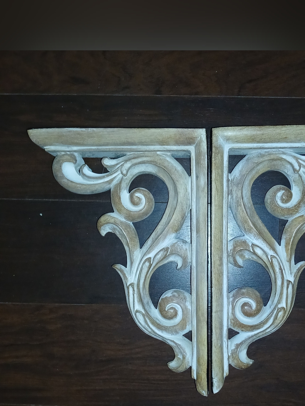 Pair of Decorative Carved Corbels in Whitewash and Brown